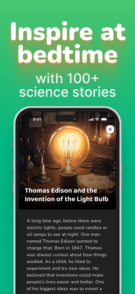 FunLab: Science Games for Kids - Science bedtime story about Thomas Edison and the invention of the light bulb in the FunLab app