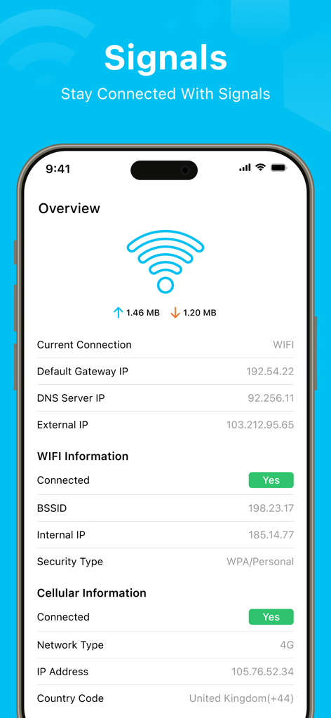 WiFi Analyzer : Map & DNS - Overview screen of WiFi Analyzer app showing detailed WiFi and cellular connection information