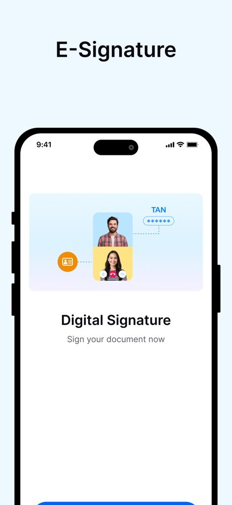 My WebID - Interfaccia dell'app My WebID che mostra la schermata di firma digitale con un'illustrazione di identificazione video e il processo di verifica TAN.