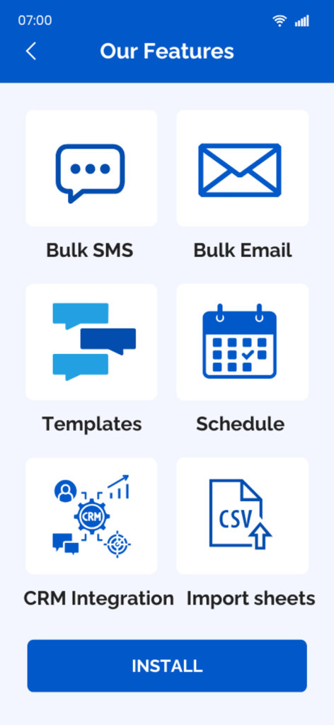 Pantalla que muestra las funciones de la aplicación Mass Sender, incluyendo SMS Masivo, Email Masivo, Plantillas, Programación, Integración CRM e Importación de hojas.