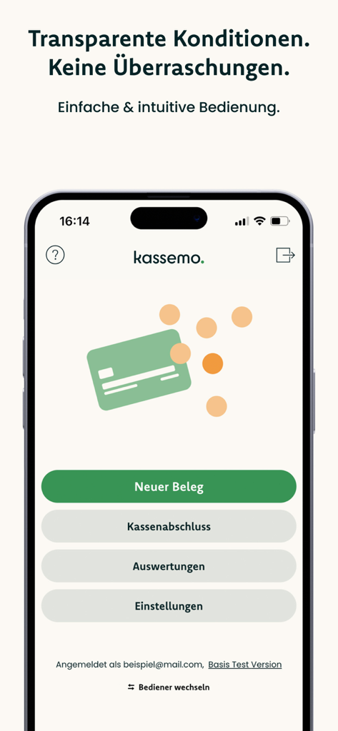 kassemo Registrierkasse - Der Startbildschirm der kassemo mobilen Registrierkassen-App auf einem iPhone mit Optionen für neue Belege und Berichterstattung