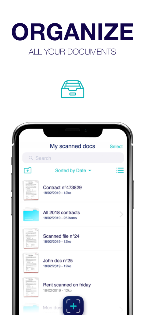 Scanner - Edit PDF & documents - Interfaccia di un'app mobile che mostra un elenco di documenti e cartelle PDF organizzati su uno schermo di iPhone.
