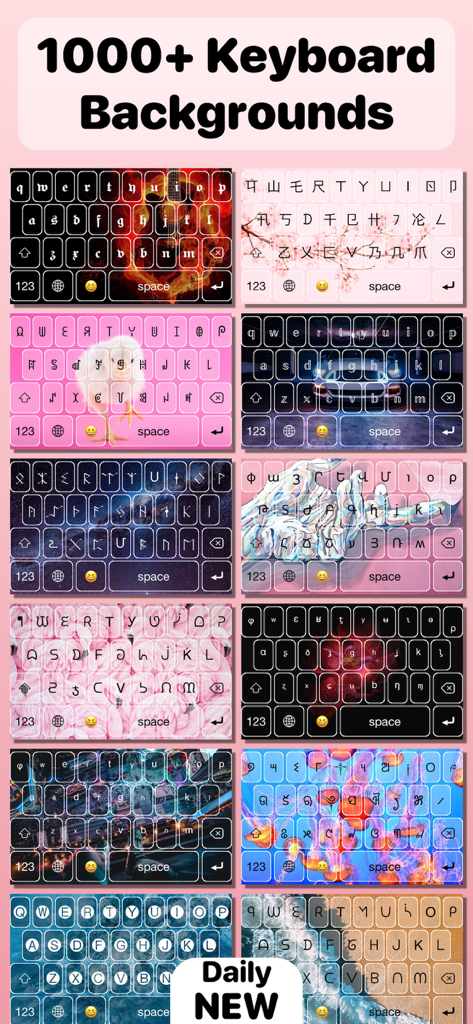 Fonts App - Cool Font Keyboard - Grid showing various aesthetic and colorful keyboard background themes.