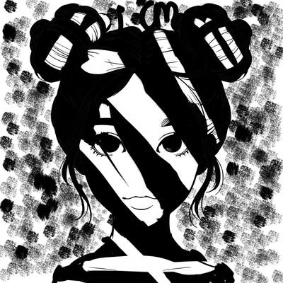 realistic girl with two buns on top of her head