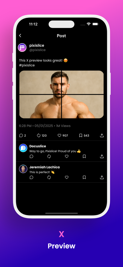 Pixislice - Image Splitter - Pixislice app interface showing a 2x2 grid photo preview for an X social media post