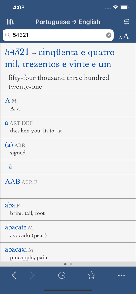 Interface of the Collins Portuguese-English dictionary app showing number translation and a list of word definitions.