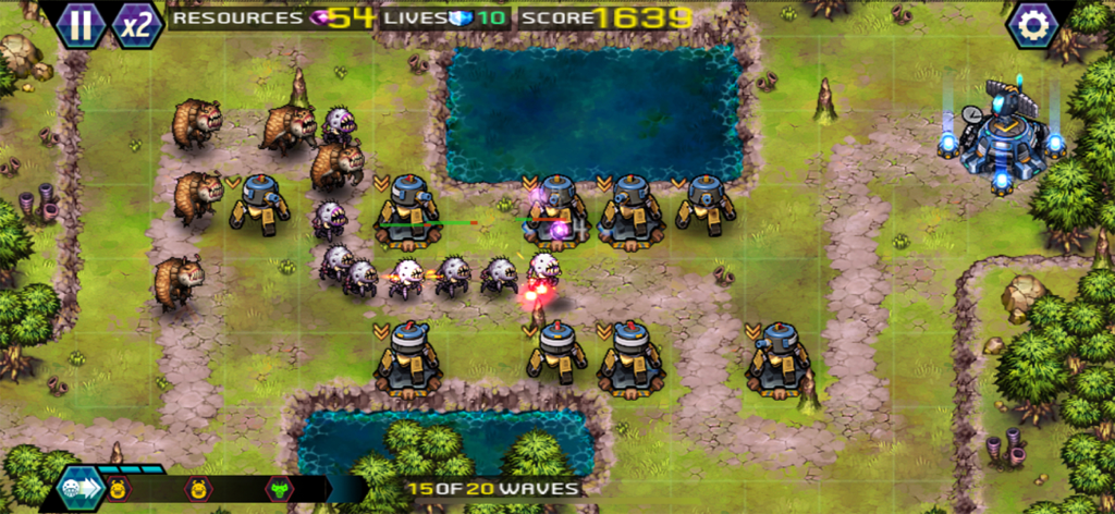 Gameplay of Tower Defense Infinite War showing robotic towers defending a path against insect like monsters on a tactical map