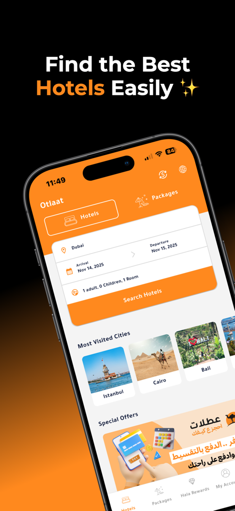 Otlaat mobile app interface for hotel search showing destination Dubai and featured cities like Istanbul and Cairo.