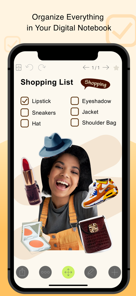 NoteLedge Ultimate - Notebook - A digital notebook interface showing a shopping checklist alongside a creative collage of fashion and beauty images