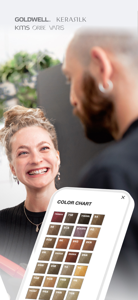 Kao Salon Alliance online shop - Um quadro de cores de cabelo profissional exibido em uma tela de celular dentro do aplicativo Kao Salon Alliance para profissionais de salão
