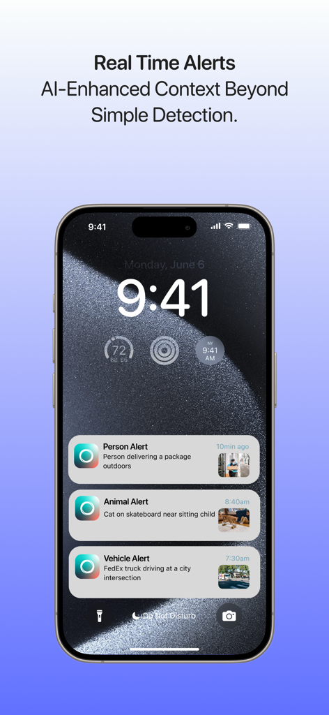 Tela de bloqueio do iPhone mostrando notificações inteligentes do Luna AI para detecção de pessoas, animais e veículos.
