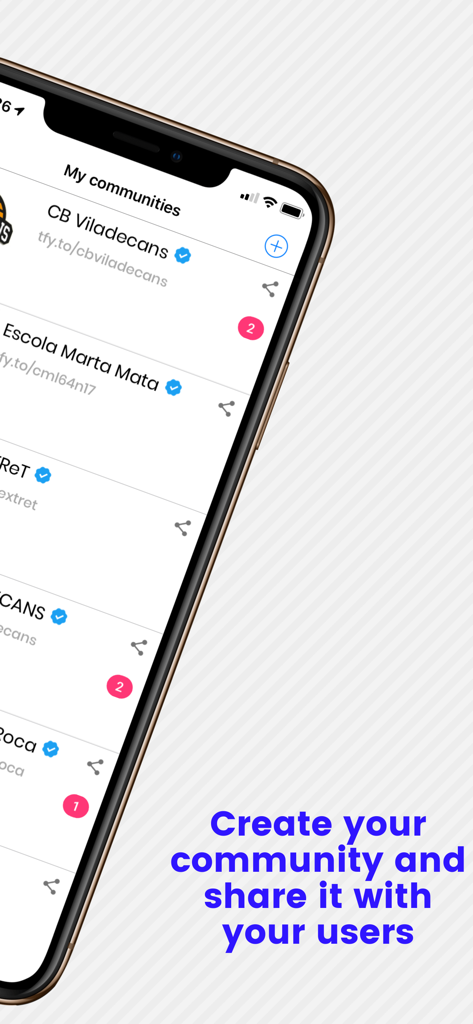 Tellfy - Smartphone mostrando la interfaz de la aplicación Tellfy con varios grupos comunitarios e insignias de notificación.