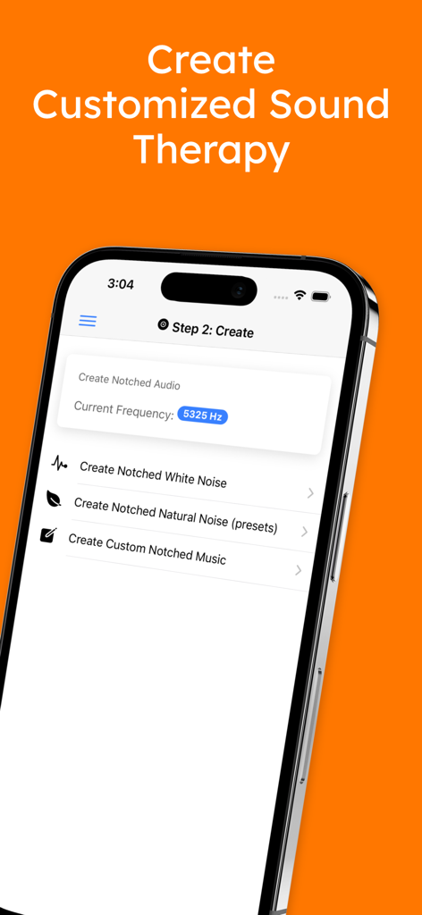 Mobile screen showing options to create customized notched white noise and music therapy for tinnitus