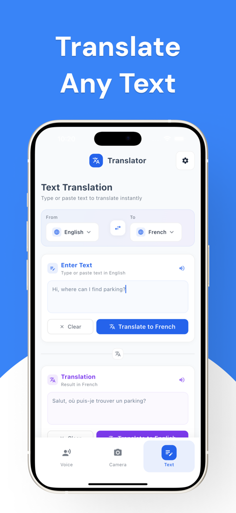Live Translator - Voice & Text - Interface of the Live Translator app showing a text translation from English to French.