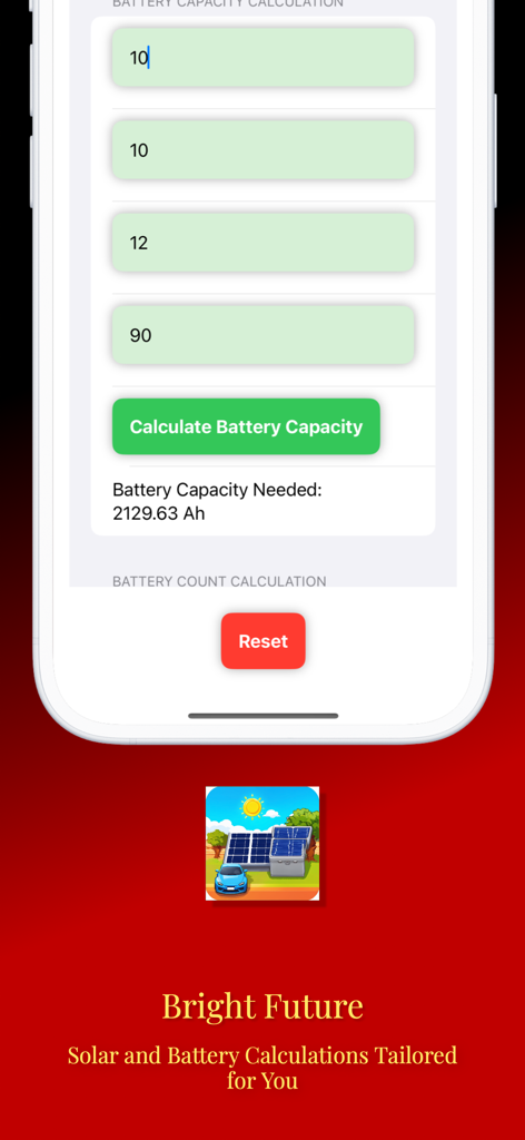 Interface do aplicativo Solarium Smart exibindo resultados de cálculo de capacidade de bateria