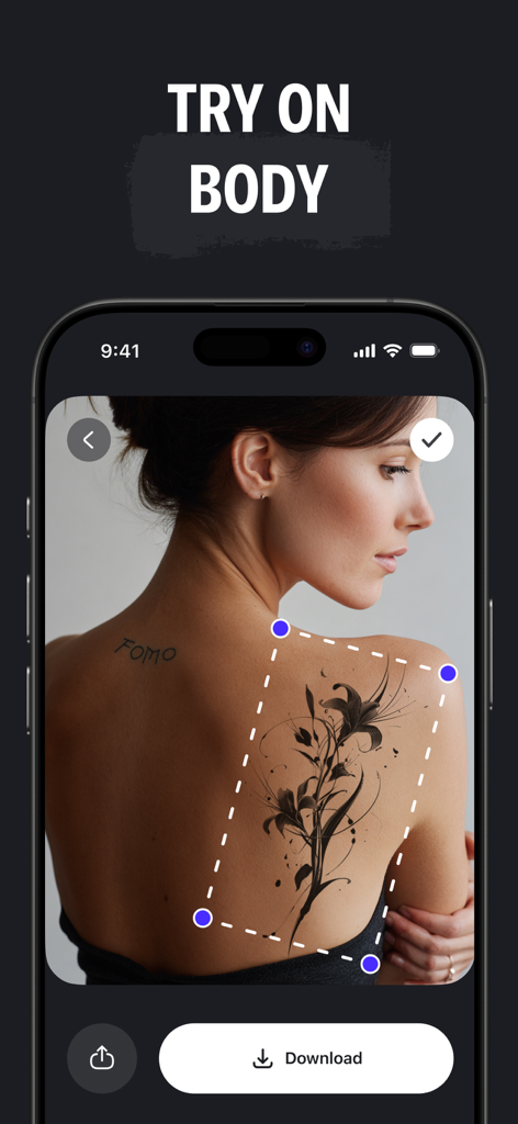 InkGen: Tattoo AI Design Maker - InkGen-App-Bildschirm mit einer Vorschau eines Blumen-Tattoo-Designs auf dem Rücken einer Frau