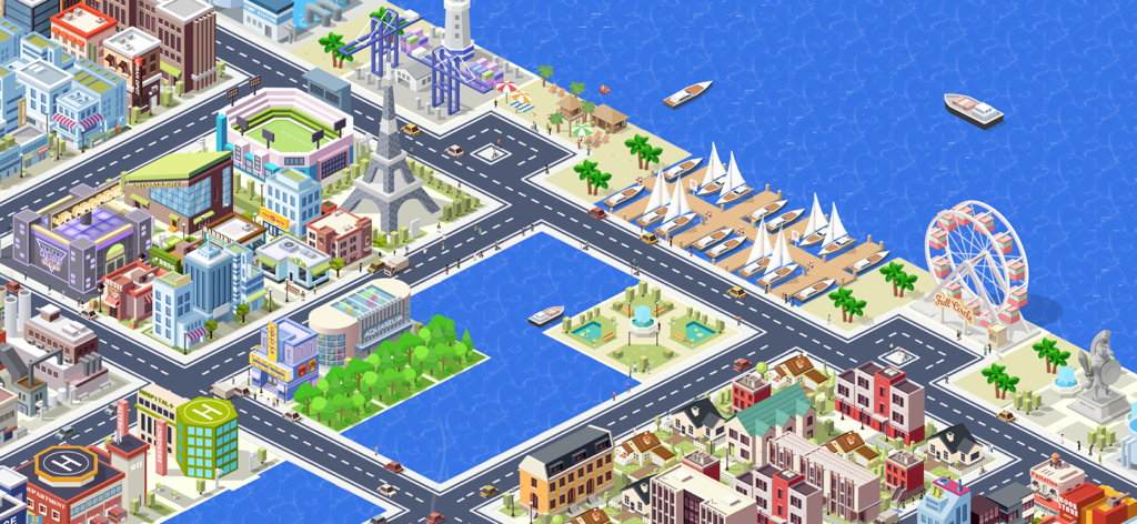 Una colorida simulación de ciudad isométrica con monumentos como la Torre Eiffel, una noria y un puerto de veleros
