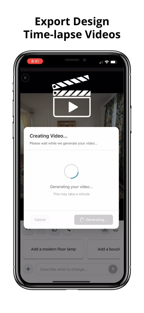 Bristles AI: Paint & Design - Ein Smartphone-Bildschirm, der die Bristles AI App beim Generieren eines Design-Zeitraffer-Videos zum Exportieren zeigt.