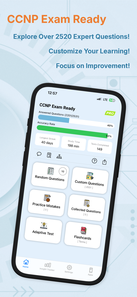 CCNP Exam Ready - Un smartphone mostrando la pantalla de inicio de la aplicación CCNP Exam Ready con estadísticas de progreso de estudio y opciones de prueba de práctica