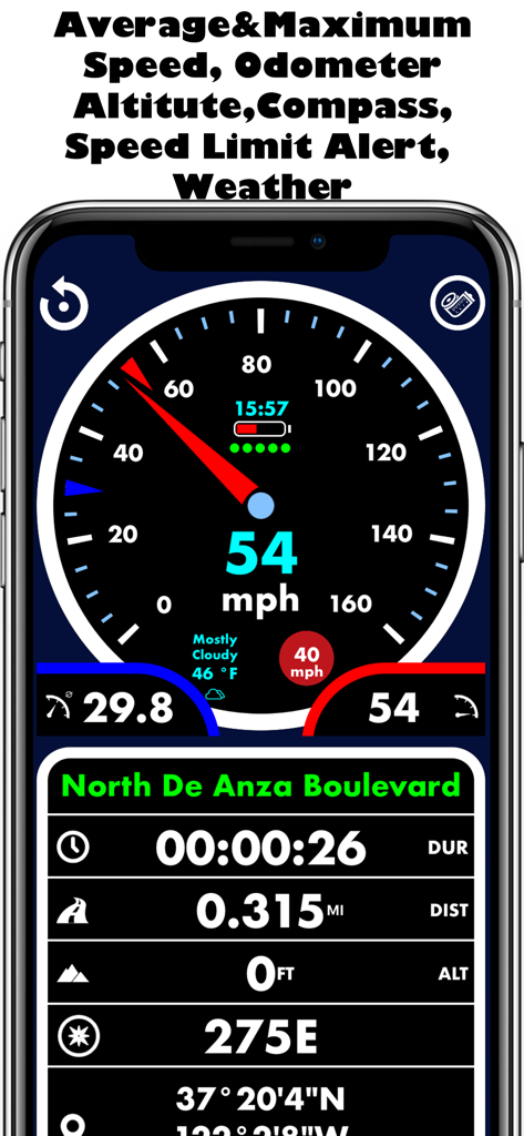 Mobile app interface showing a digital speedometer with speed limit alerts, altitude, compass, and road information.