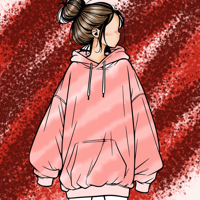 realistic girl with a oversized sweatshirt on and a bun