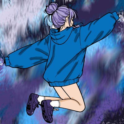 realistic girl jumping with a bun and oversized sweatshirt