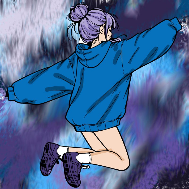 realistic girl jumping with a bun and oversized sweatshirt