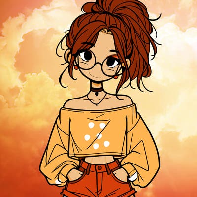 girl with a messy ponytail glasses a baggy crop top and jean shorts