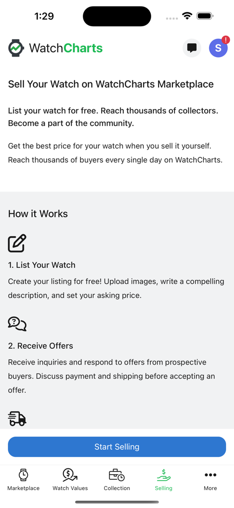 WatchCharts - WatchCharts app screen showing instructions on how to sell a watch in the marketplace including steps to list a watch and receive offers