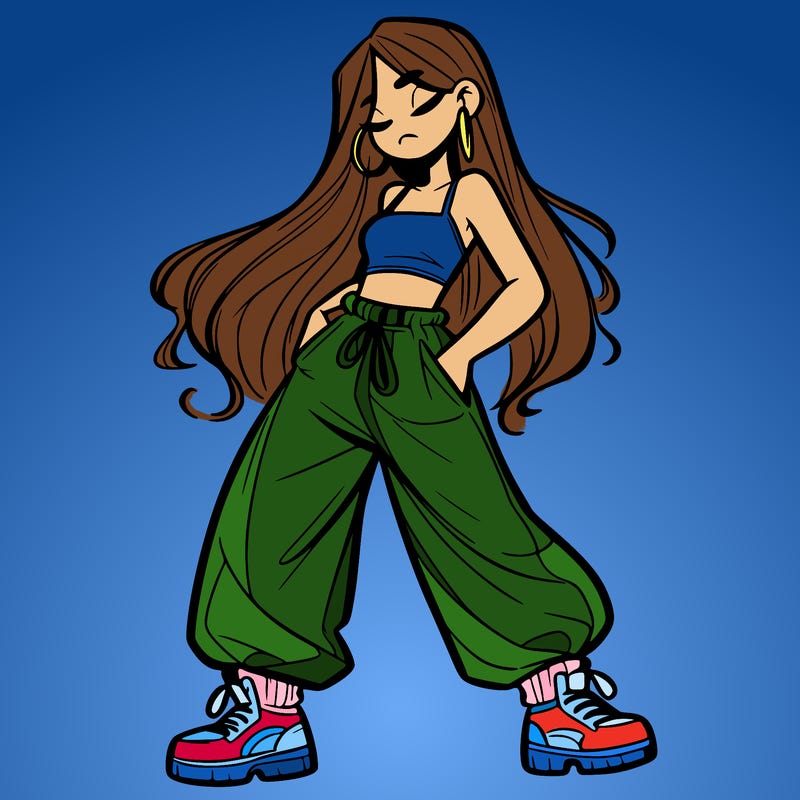 girl in baggy pants crop top and long hair