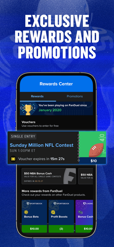 FanDuel Fantasy Sports - Pantalla del Centro de Recompensas de la aplicación FanDuel Fantasy Sports con bonos y promociones exclusivas.