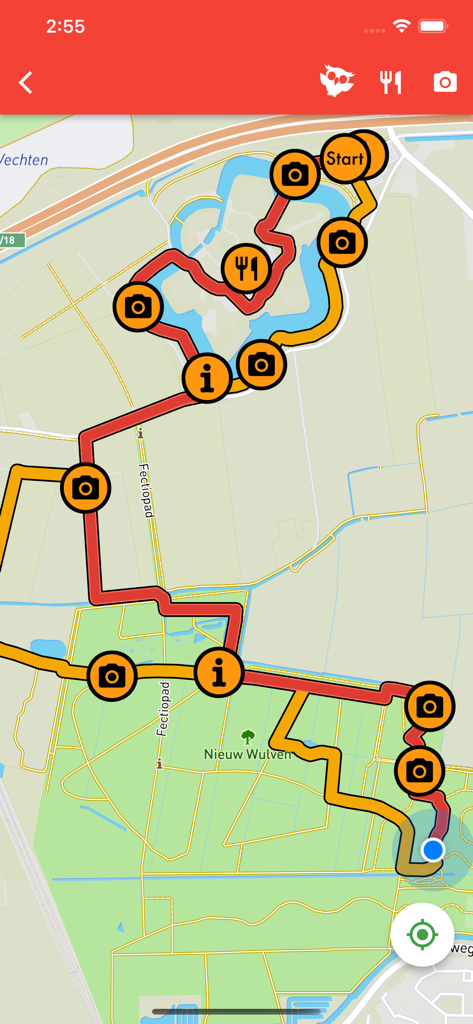 Klompenpaden - GPS map view of a Dutch hiking trail with markers for photography points and dining locations
