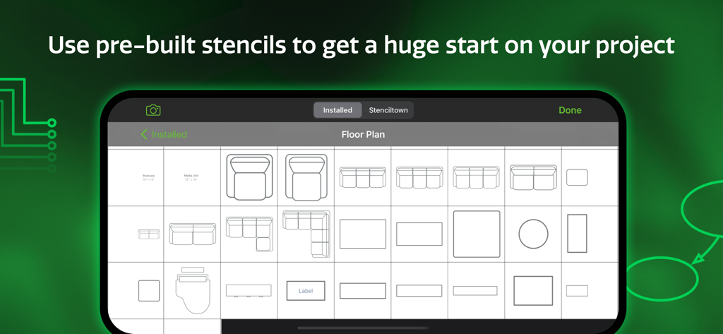 OmniGraffle 3 모바일 앱의 평면도 스텐실 라이브러리