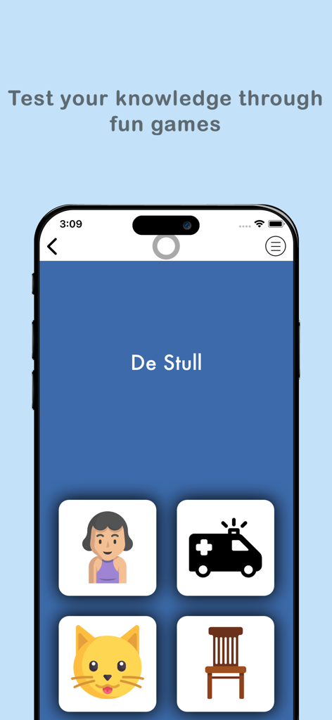 Aureluxアプリのルクセンブルク語の語彙ゲーム。ユーザーはさまざまなアイコンの中から椅子を特定します。