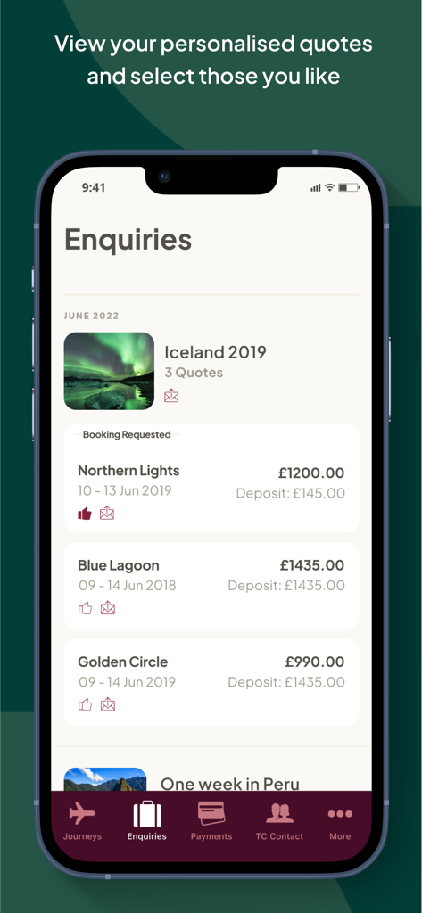myTC - Travel Counsellors - Mobile app interface showing personalized travel quotes for destinations like Iceland