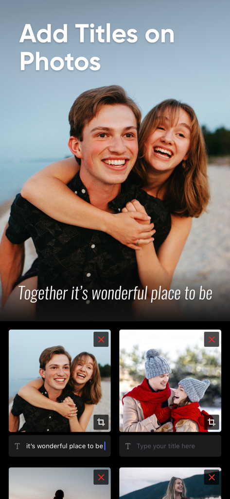 Slideshow Maker w Music - Interface showing how to add titles and captions to photos in a musical slideshow