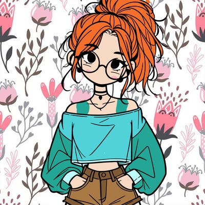 girl with a messy ponytail glasses a baggy crop top and jean shorts