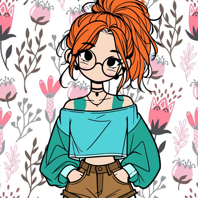 girl with a messy ponytail glasses a baggy crop top and jean shorts