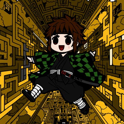 a boy  with a square like pattern harori with a katana in his belt falling into an infinity castle in anime style