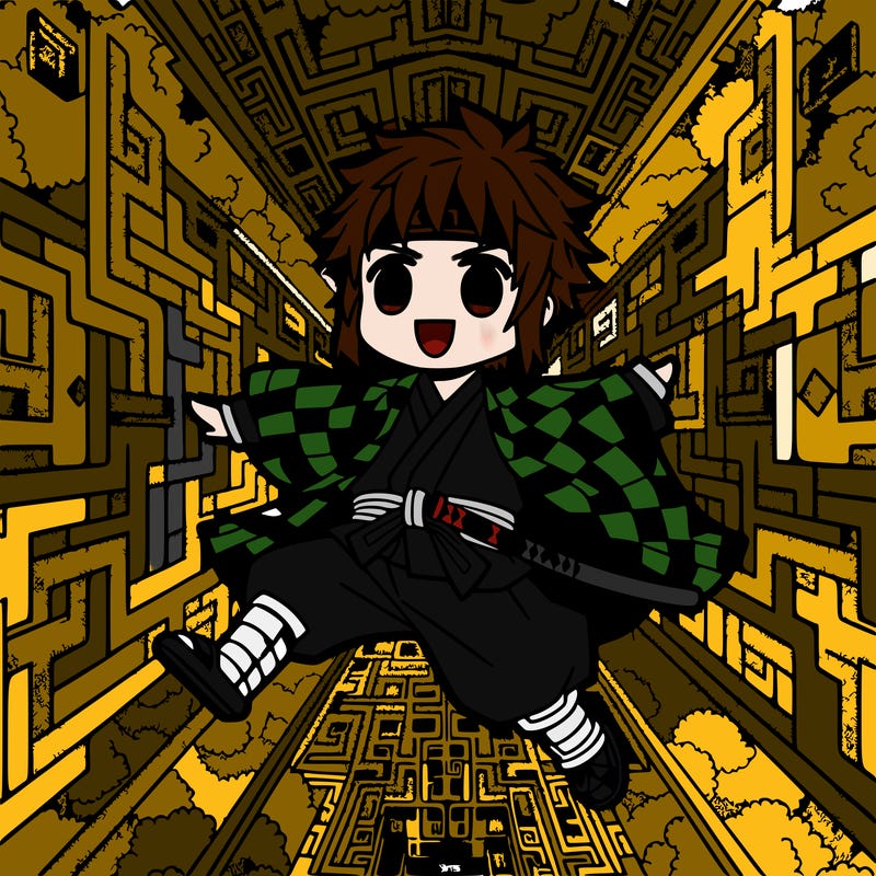 a boy  with a square like pattern harori with a katana in his belt falling into an infinity castle in anime style