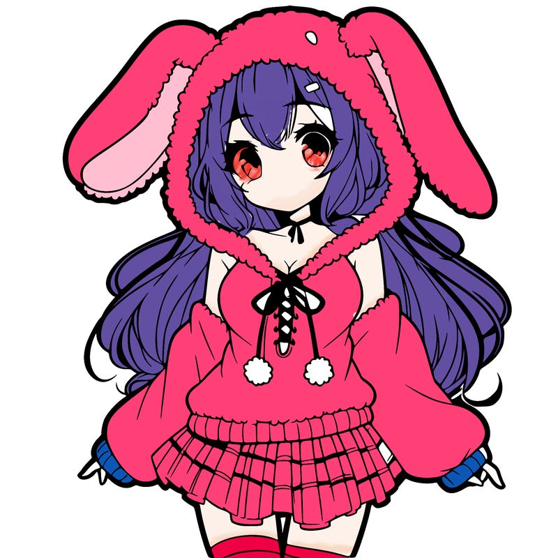 pretty anime girl wearing a fluffy hoodie with bunny ears on the hood and a skirt