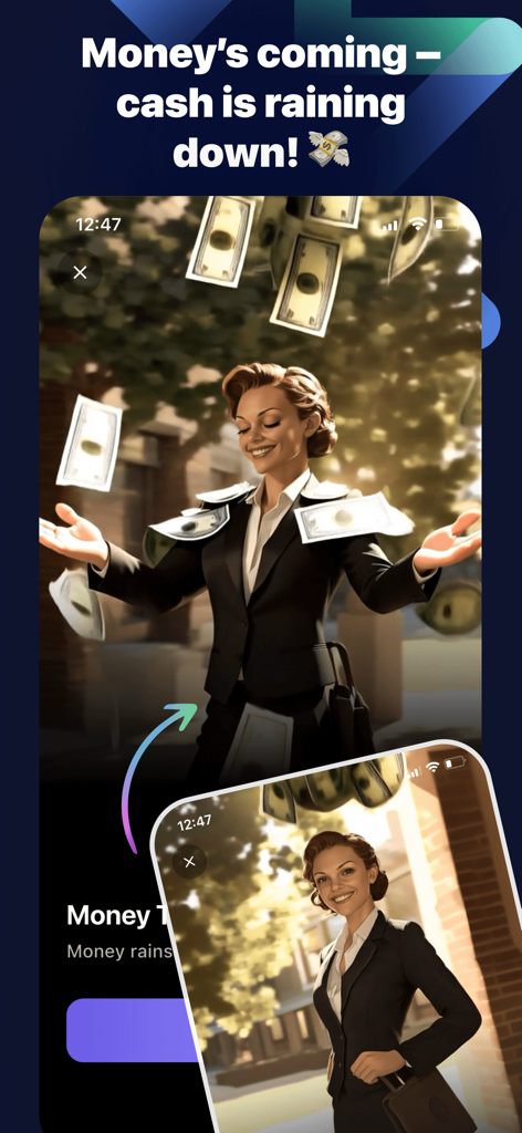 SnapVibe-AI video Generator - A demonstration of SnapVibe app transforming a static photo of a woman into an AI video with falling cash effects.