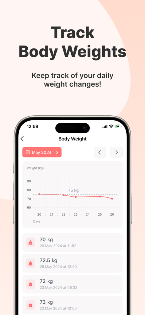 Water Fasting App - Easy Fast - Easy Fast app interface showing a body weight tracking graph and history list
