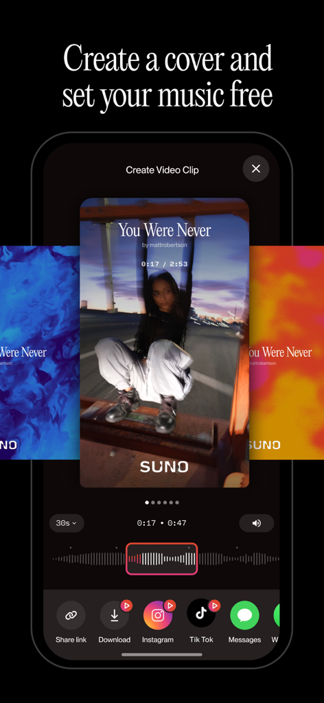 Interface do aplicativo móvel Suno para criar e compartilhar clipes de vídeo de música gerada por IA