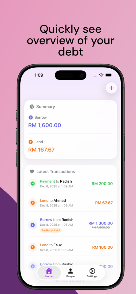 Hutang: Log Your Debt - Hutang app dashboard showing a summary of borrowed and lent money and a list of recent transactions