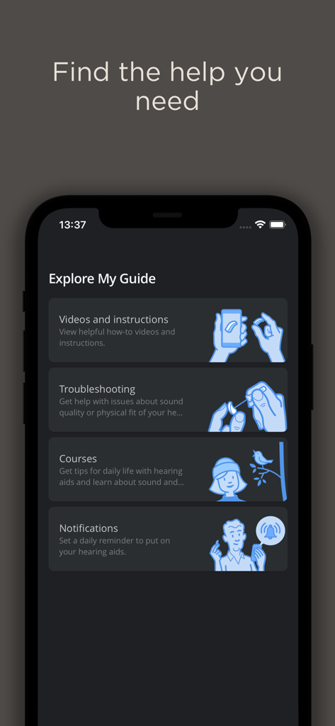The Widex Moment app My Guide screen showing options for help videos troubleshooting and hearing aid tips