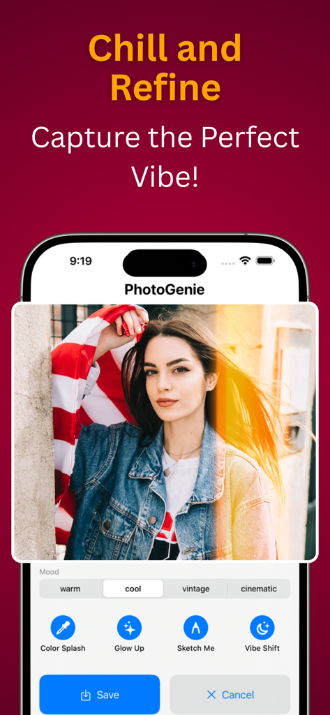 PhotoGenie Ultra - Interface de l'application PhotoGenie Ultra montrant des filtres d'ambiance et des outils d'édition comme Color Splash et Glow Up