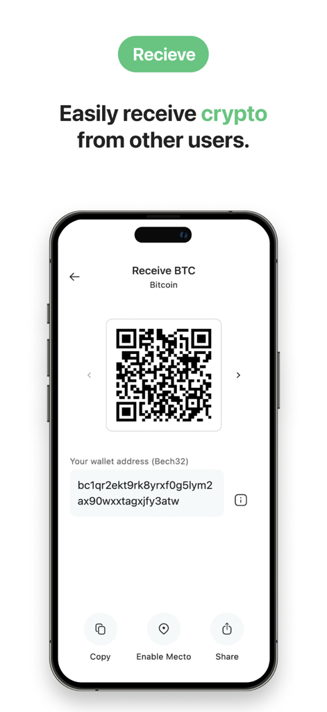Pantalla de smartphone que muestra un código QR y una dirección para recibir Bitcoin en la aplicación Coin Wallet.