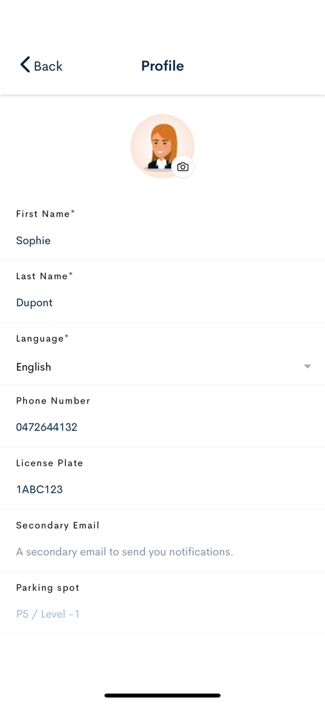 Commuty - Commuty mobile app profile screen with user name, license plate, and assigned parking spot.