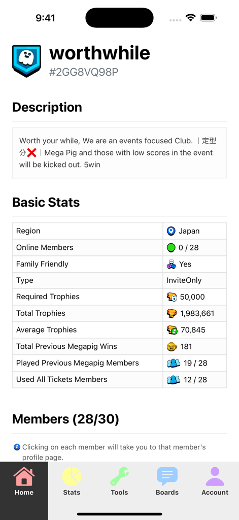 Interface de l'application Brawl Insights montrant des statistiques détaillées du club, y compris les exigences de trophées et le nombre de membres pour un club Brawl Stars